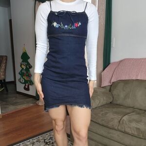 Von Mozart Vintage Denim Mini Dress With Floral Embroidery Size Large